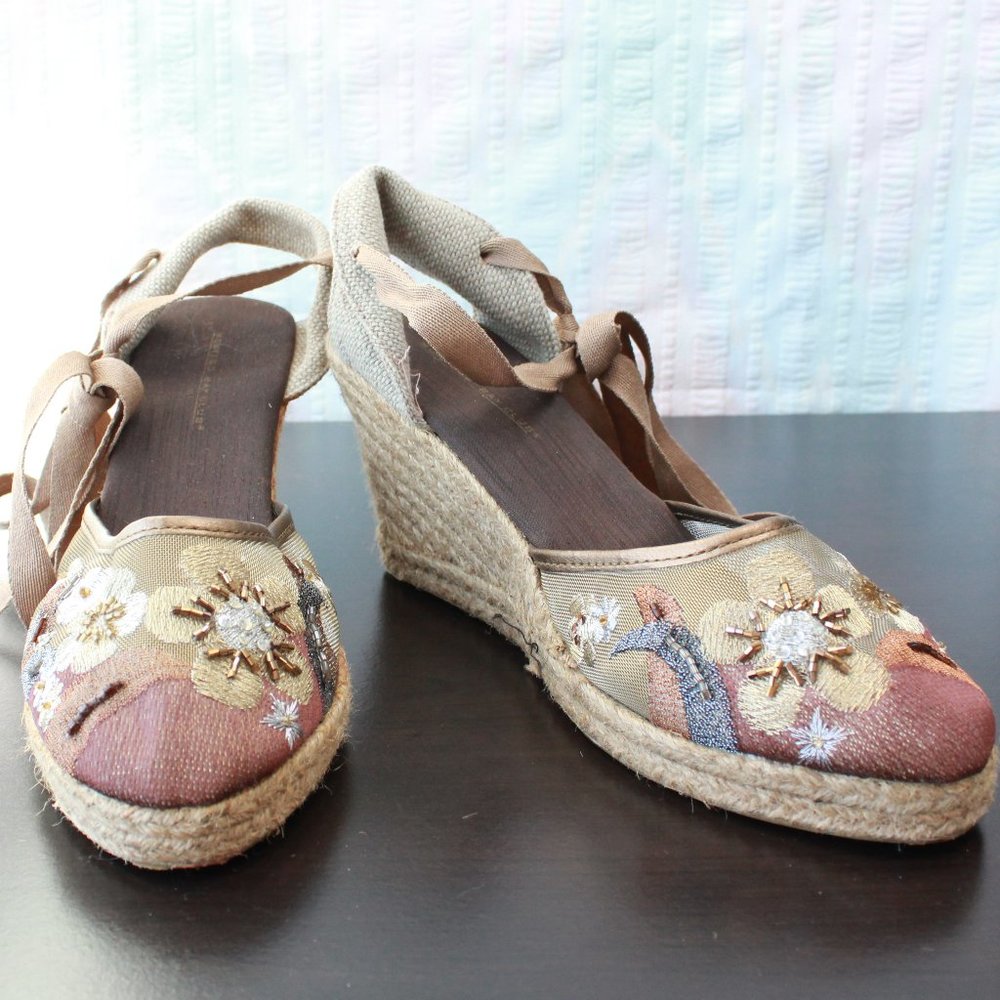 Beaded Floral Embroidered Ankle Wrap Espadrilles